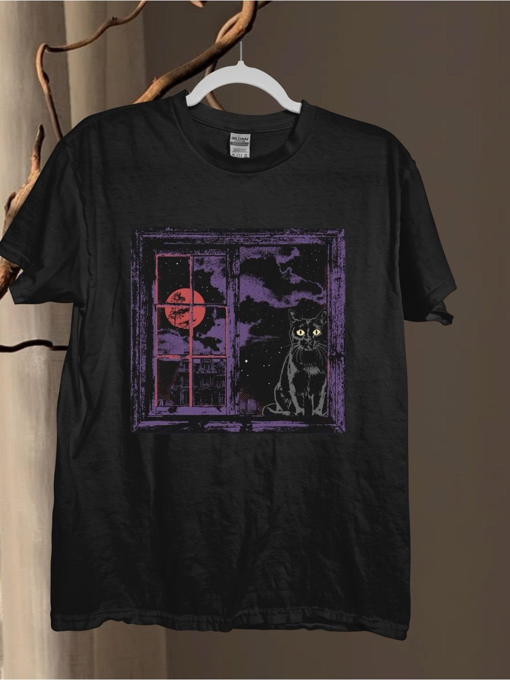 Gildan Black T-Shirt with Purple Window, Red Moon & Black Cat Graphic